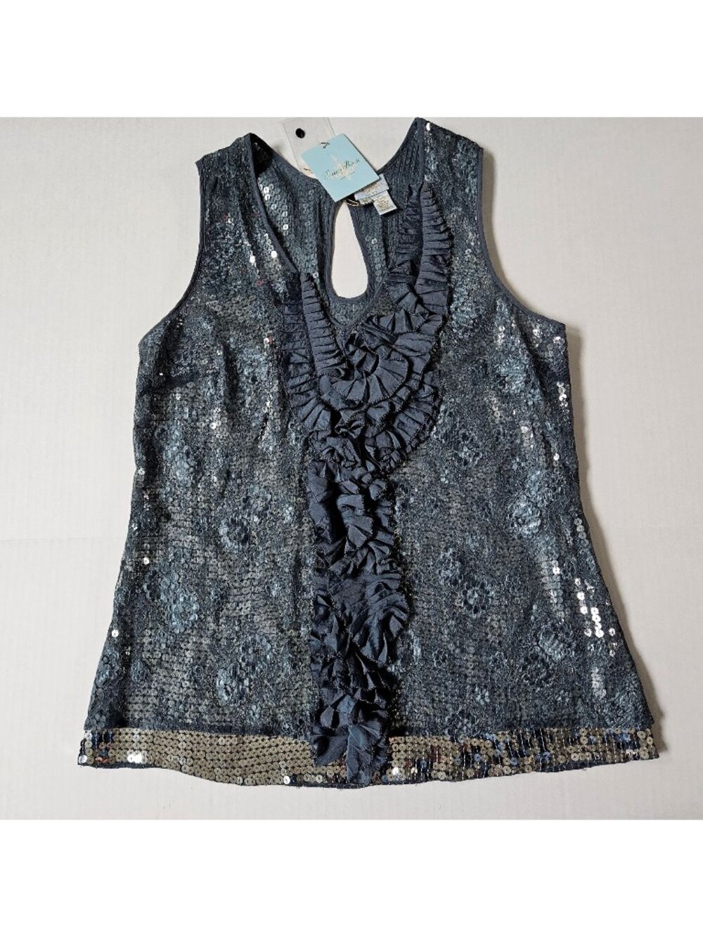 Tracy Reese Top Womens M Blue Gray Sequin Lace Overlay Whimsigoth NEW